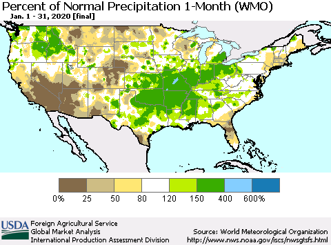 United States Percent of Normal Precipitation 1-Month (WMO) Thematic Map For 1/1/2020 - 1/31/2020