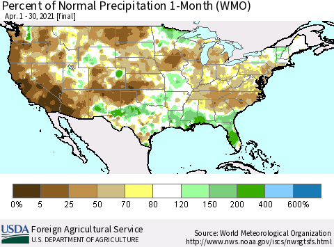 United States Percent of Normal Precipitation 1-Month (WMO) Thematic Map For 4/1/2021 - 4/30/2021