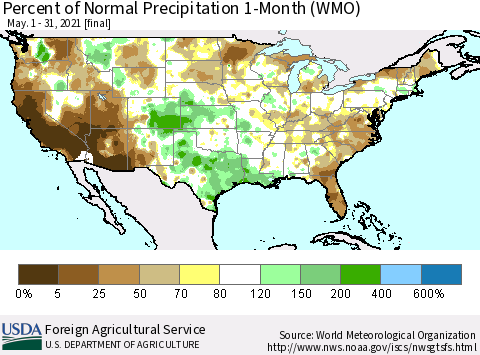 United States Percent of Normal Precipitation 1-Month (WMO) Thematic Map For 5/1/2021 - 5/31/2021