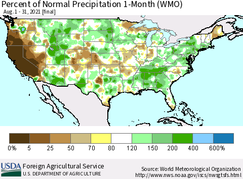 United States Percent of Normal Precipitation 1-Month (WMO) Thematic Map For 8/1/2021 - 8/31/2021