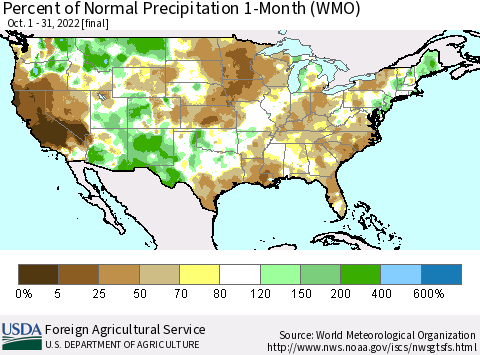 United States Percent of Normal Precipitation 1-Month (WMO) Thematic Map For 10/1/2022 - 10/31/2022