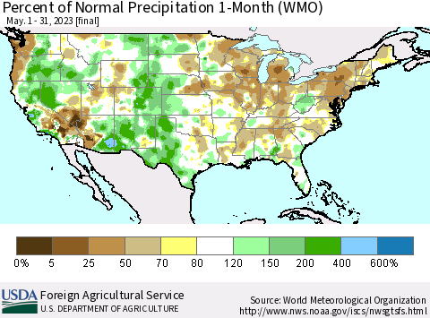 United States Percent of Normal Precipitation 1-Month (WMO) Thematic Map For 5/1/2023 - 5/31/2023