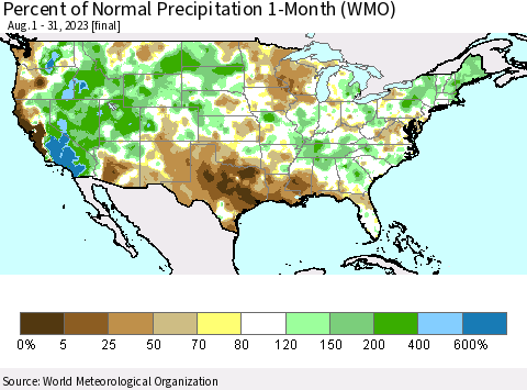 United States Percent of Normal Precipitation 1-Month (WMO) Thematic Map For 8/1/2023 - 8/31/2023