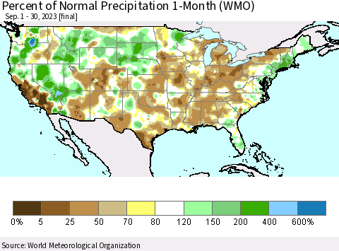 United States Percent of Normal Precipitation 1-Month (WMO) Thematic Map For 9/1/2023 - 9/30/2023