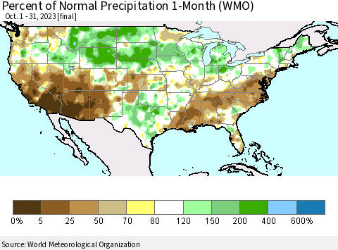 United States Percent of Normal Precipitation 1-Month (WMO) Thematic Map For 10/1/2023 - 10/31/2023