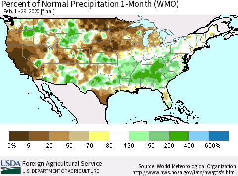 United States Percent of Normal Precipitation 1-Month (WMO) Thematic Map For 2/1/2020 - 2/29/2020