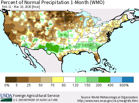 United States Percent of Normal Precipitation 1-Month (WMO) Thematic Map For 2/11/2020 - 3/10/2020