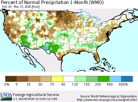 United States Percent of Normal Precipitation 1-Month (WMO) Thematic Map For 2/16/2020 - 3/15/2020