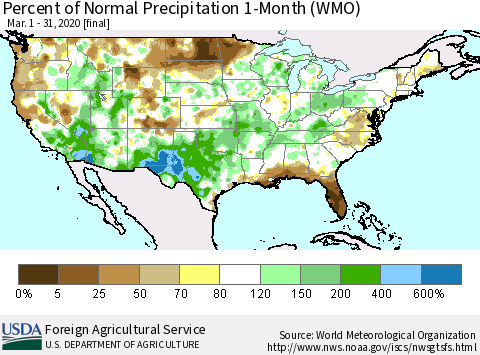 United States Percent of Normal Precipitation 1-Month (WMO) Thematic Map For 3/1/2020 - 3/31/2020