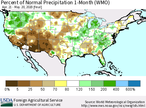 United States Percent of Normal Precipitation 1-Month (WMO) Thematic Map For 4/21/2020 - 5/20/2020
