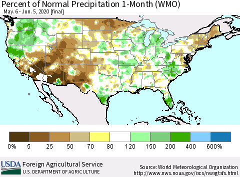 United States Percent of Normal Precipitation 1-Month (WMO) Thematic Map For 5/6/2020 - 6/5/2020