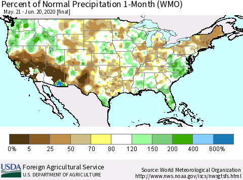 United States Percent of Normal Precipitation 1-Month (WMO) Thematic Map For 5/21/2020 - 6/20/2020