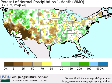 United States Percent of Normal Precipitation 1-Month (WMO) Thematic Map For 6/1/2020 - 6/30/2020