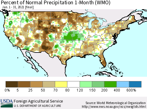 United States Percent of Normal Precipitation 1-Month (WMO) Thematic Map For 1/1/2021 - 1/31/2021