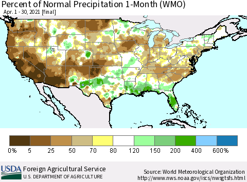 United States Percent of Normal Precipitation 1-Month (WMO) Thematic Map For 4/1/2021 - 4/30/2021