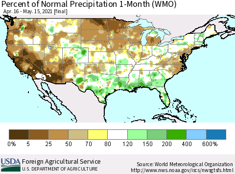 United States Percent of Normal Precipitation 1-Month (WMO) Thematic Map For 4/16/2021 - 5/15/2021