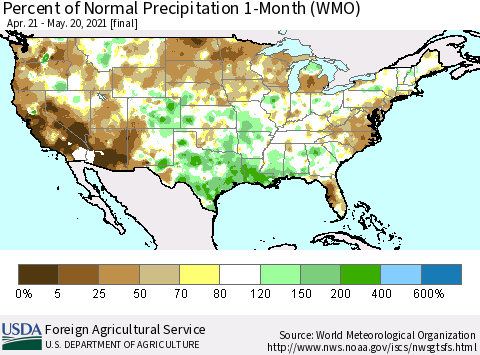United States Percent of Normal Precipitation 1-Month (WMO) Thematic Map For 4/21/2021 - 5/20/2021