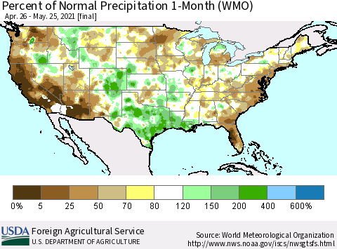 United States Percent of Normal Precipitation 1-Month (WMO) Thematic Map For 4/26/2021 - 5/25/2021