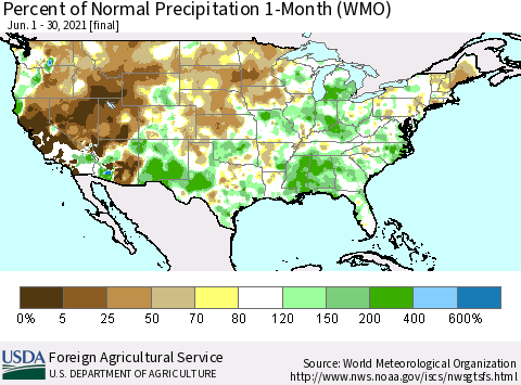 United States Percent of Normal Precipitation 1-Month (WMO) Thematic Map For 6/1/2021 - 6/30/2021