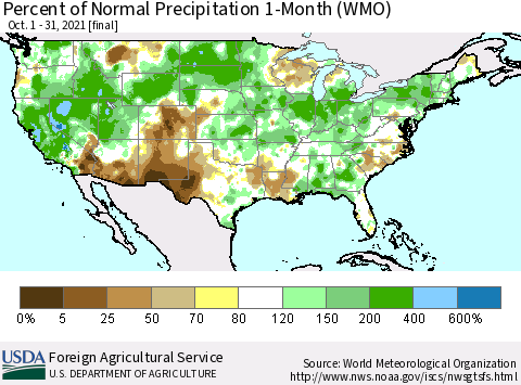 United States Percent of Normal Precipitation 1-Month (WMO) Thematic Map For 10/1/2021 - 10/31/2021