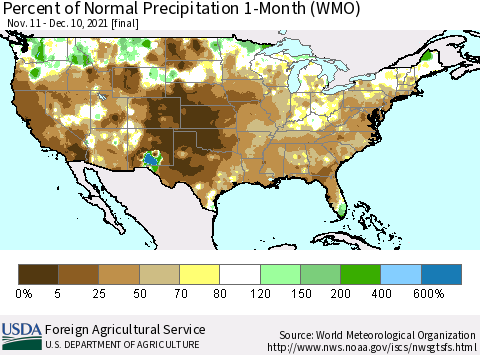 United States Percent of Normal Precipitation 1-Month (WMO) Thematic Map For 11/11/2021 - 12/10/2021