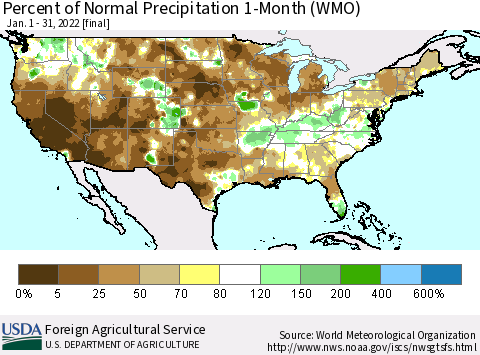 United States Percent of Normal Precipitation 1-Month (WMO) Thematic Map For 1/1/2022 - 1/31/2022
