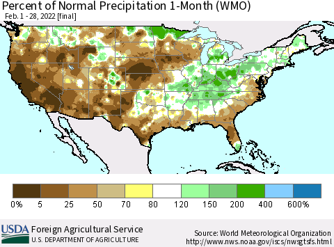 United States Percent of Normal Precipitation 1-Month (WMO) Thematic Map For 2/1/2022 - 2/28/2022