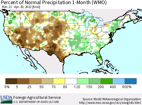 United States Percent of Normal Precipitation 1-Month (WMO) Thematic Map For 3/21/2022 - 4/20/2022
