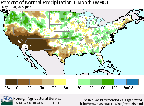 United States Percent of Normal Precipitation 1-Month (WMO) Thematic Map For 5/1/2022 - 5/31/2022