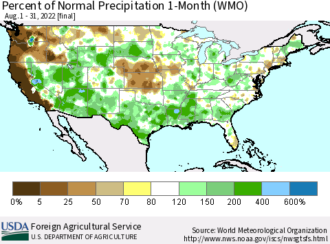 United States Percent of Normal Precipitation 1-Month (WMO) Thematic Map For 8/1/2022 - 8/31/2022