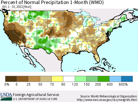 United States Percent of Normal Precipitation 1-Month (WMO) Thematic Map For 10/1/2022 - 10/31/2022