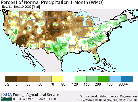 United States Percent of Normal Precipitation 1-Month (WMO) Thematic Map For 11/11/2022 - 12/10/2022