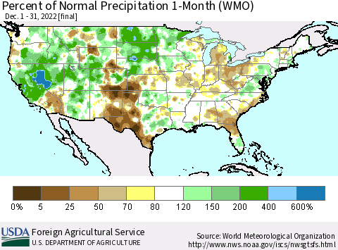 United States Percent of Normal Precipitation 1-Month (WMO) Thematic Map For 12/1/2022 - 12/31/2022