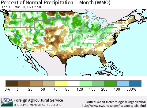 United States Percent of Normal Precipitation 1-Month (WMO) Thematic Map For 2/11/2023 - 3/10/2023