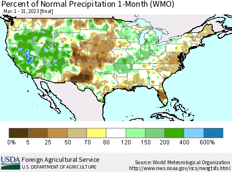United States Percent of Normal Precipitation 1-Month (WMO) Thematic Map For 3/1/2023 - 3/31/2023