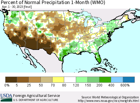 United States Percent of Normal Precipitation 1-Month (WMO) Thematic Map For 4/1/2023 - 4/30/2023