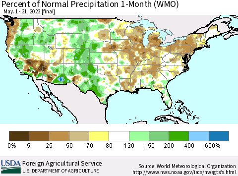 United States Percent of Normal Precipitation 1-Month (WMO) Thematic Map For 5/1/2023 - 5/31/2023