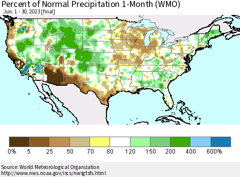 United States Percent of Normal Precipitation 1-Month (WMO) Thematic Map For 6/1/2023 - 6/30/2023