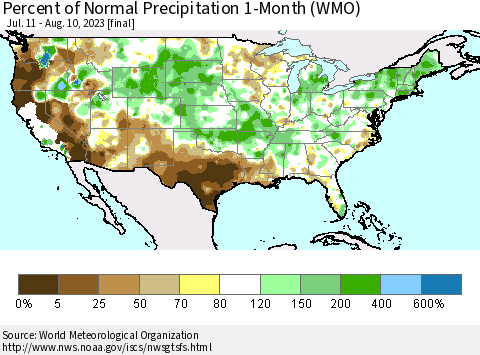 United States Percent of Normal Precipitation 1-Month (WMO) Thematic Map For 7/11/2023 - 8/10/2023