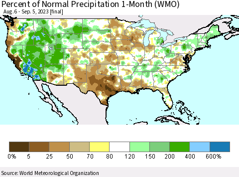 United States Percent of Normal Precipitation 1-Month (WMO) Thematic Map For 8/6/2023 - 9/5/2023