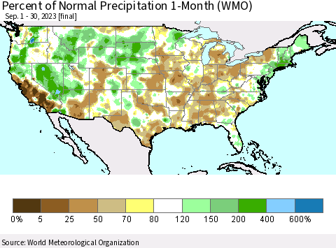 United States Percent of Normal Precipitation 1-Month (WMO) Thematic Map For 9/1/2023 - 9/30/2023