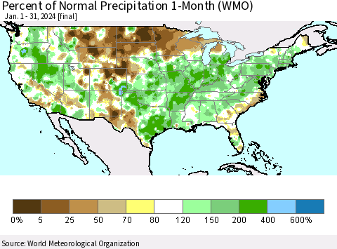 United States Percent of Normal Precipitation 1-Month (WMO) Thematic Map For 1/1/2024 - 1/31/2024