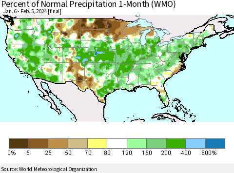 United States Percent of Normal Precipitation 1-Month (WMO) Thematic Map For 1/6/2024 - 2/5/2024