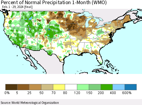 United States Percent of Normal Precipitation 1-Month (WMO) Thematic Map For 2/1/2024 - 2/29/2024