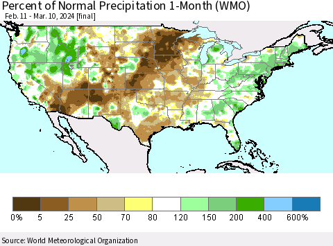 United States Percent of Normal Precipitation 1-Month (WMO) Thematic Map For 2/11/2024 - 3/10/2024