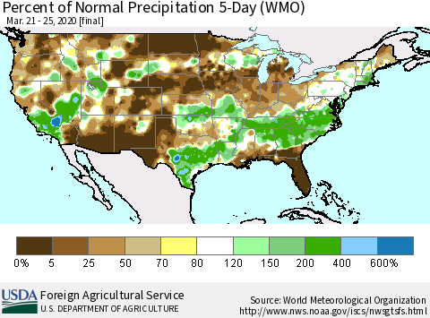 United States Percent of Normal Precipitation 5-Day (WMO) Thematic Map For 3/21/2020 - 3/25/2020
