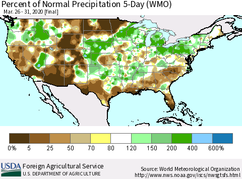 United States Percent of Normal Precipitation 5-Day (WMO) Thematic Map For 3/26/2020 - 3/31/2020