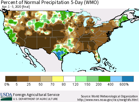 United States Percent of Normal Precipitation 5-Day (WMO) Thematic Map For 4/1/2020 - 4/5/2020