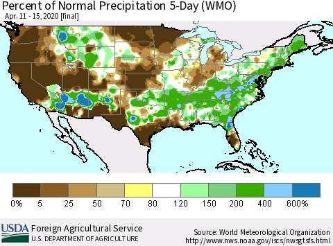 United States Percent of Normal Precipitation 5-Day (WMO) Thematic Map For 4/11/2020 - 4/15/2020
