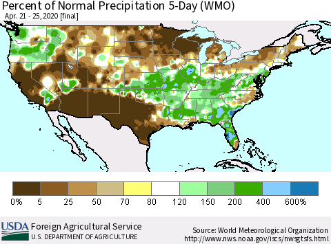 United States Percent of Normal Precipitation 5-Day (WMO) Thematic Map For 4/21/2020 - 4/25/2020